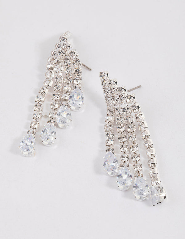 Silver Cubic Zirconia Four Row Tassel Stone Drop Earrings