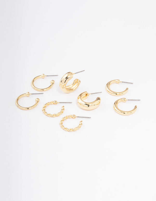 Gold Plated Smooth Chunky Hoop Earrings 4-Pack