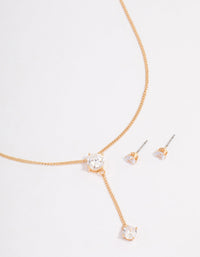 Gold Diamante Y-Shape Necklace & Stud Earrings Jewellery Set - link has visual effect only