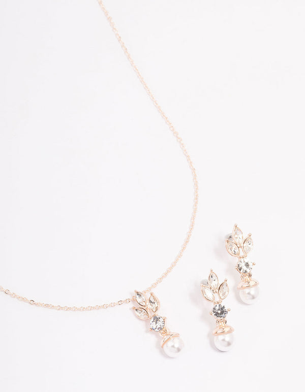 Rose Gold Leafy Diamante & Pearl Jewellery Set