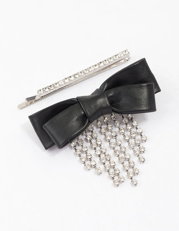 Rhodium Fringe Bow Hair Clip Pack