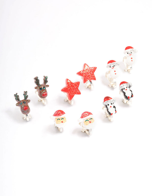 Kids Polymer Christmas Clip On Earrings 5-Pack