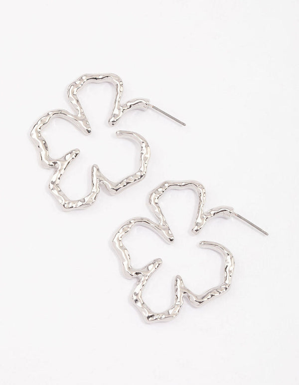 Rhodium Large Hammered Flower Hoop Earrings