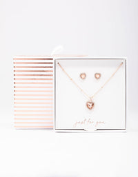 Rose Gold Heart Halo Ball Necklace & Stud Earring Pack - link has visual effect only