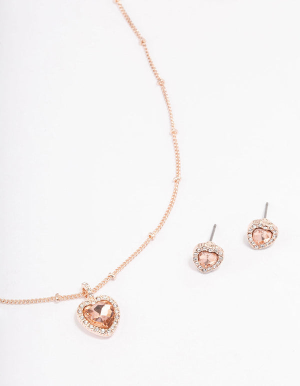 Rose Gold Heart Halo Ball Necklace & Stud Earring Pack