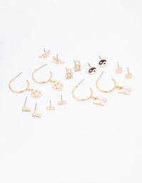 Gold Smiley Lock Diamante Earring 8-Pack - link has visual effect only