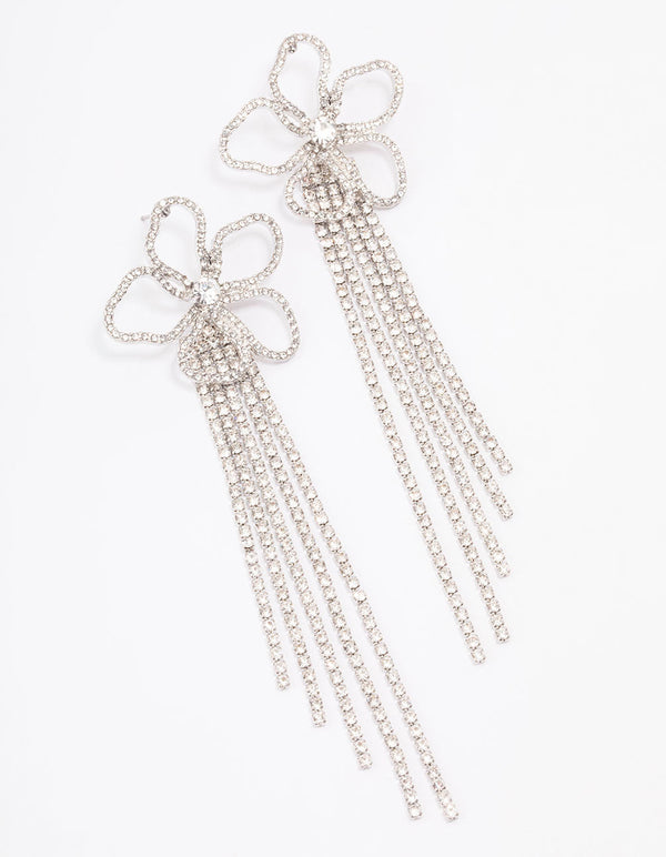 Rhodium Flower Cupchain Drop Earrings