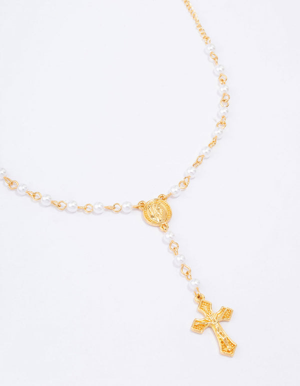 Gold Plated Pearl Cross Y-Shaped Pendant Necklace