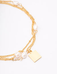 Gold Plated Layered Station Chain Freshwater Pearl Anklet - link has visual effect only