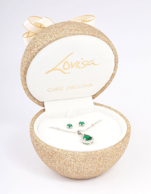 Rhodium Cubic Zirconia Emerald Earring & Necklace Set