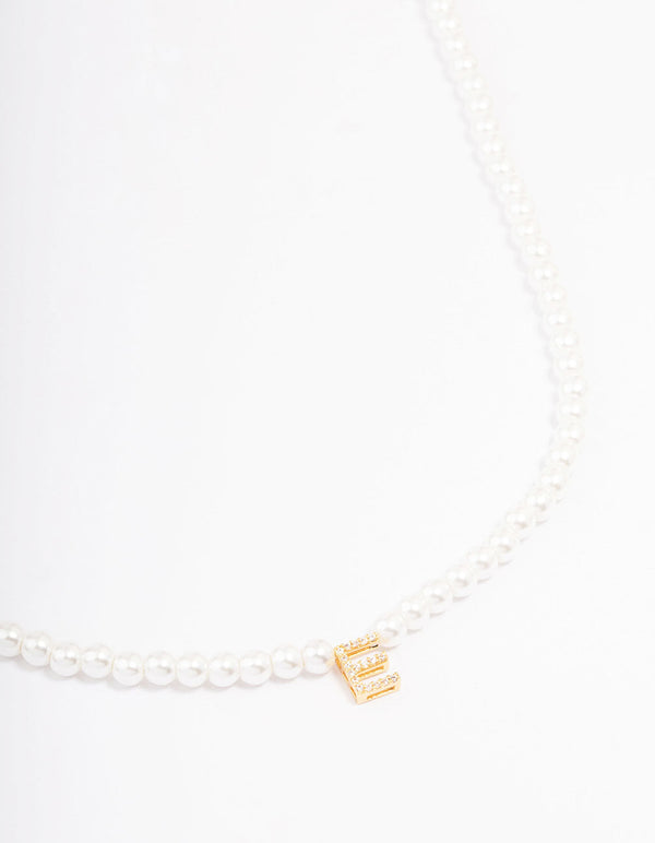 Gold Plated Letter E Initial & Pearl Pendant Necklace