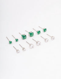 Rhodium Cubic Zirconia Round & Square Stud Earrings 12-Pack - link has visual effect only