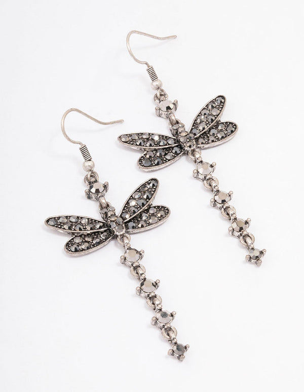 Antique Silver Dragonfly Drop Earrings