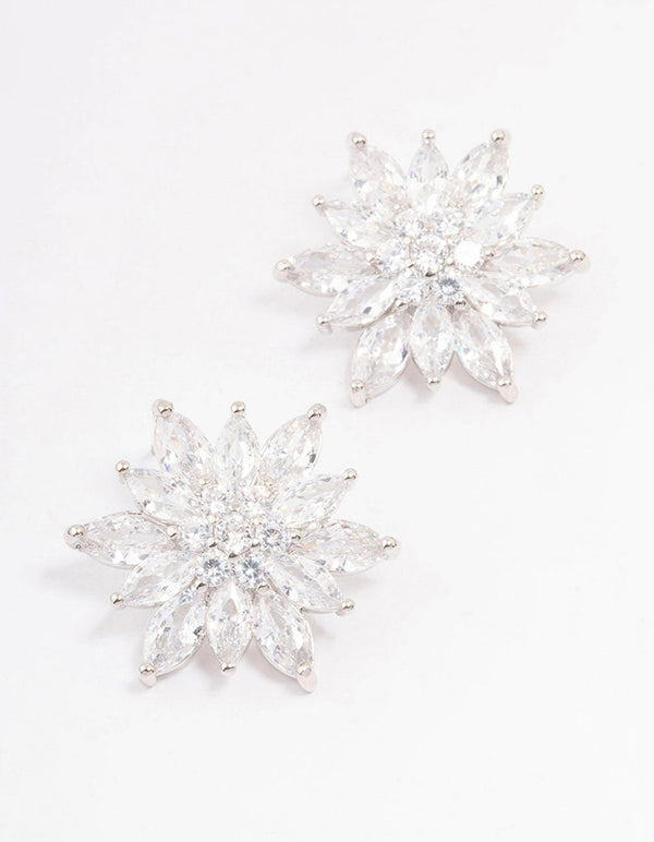 Rhodium Cubic Zirconia Flower Stud Earrings